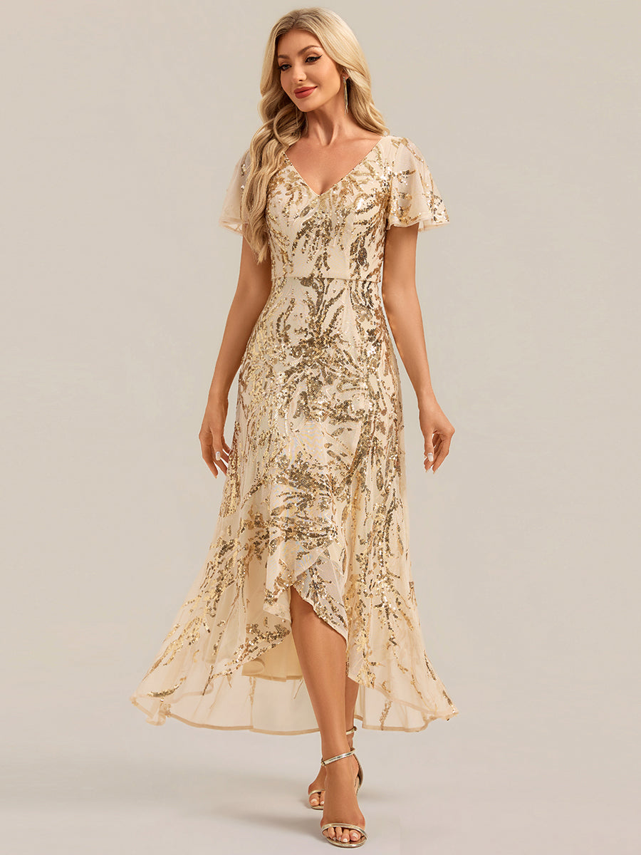 robe ¨¤ sequins ¨¤ encolure en V ¨¤ volants ¨¤ manches courtes avec un ourlet asym¨¦trique haute ¨¦lasticit¨¦ #Couleur_Dorée
