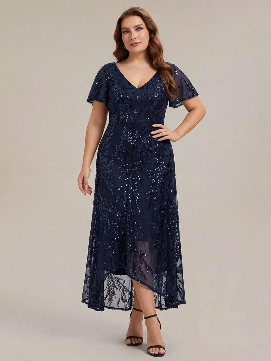 robe ¨¤ sequins ¨¤ encolure en V ¨¤ volants ¨¤ manches courtes avec un ourlet asym¨¦trique haute ¨¦lasticit¨¦ #Couleur_Bleu Marine