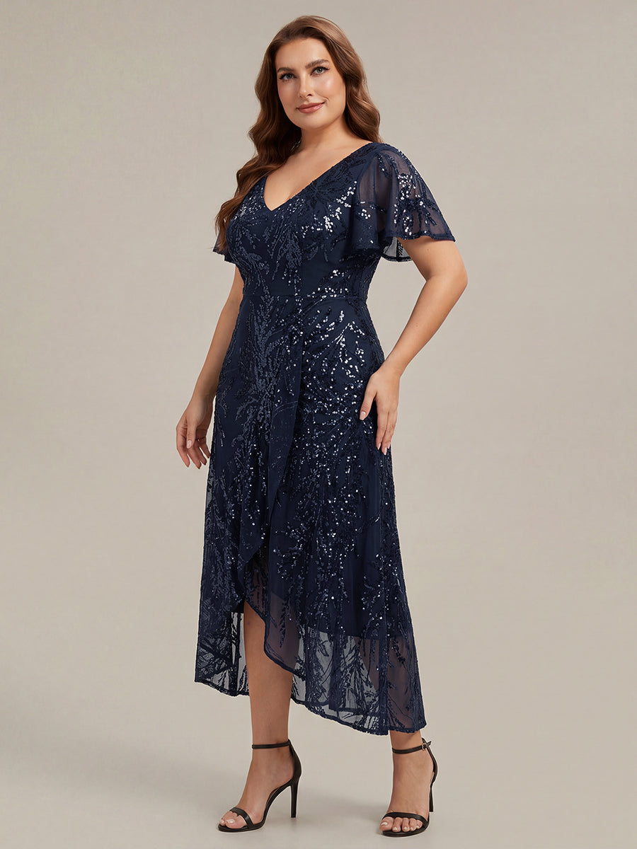 robe ¨¤ sequins ¨¤ encolure en V ¨¤ volants ¨¤ manches courtes avec un ourlet asym¨¦trique haute ¨¦lasticit¨¦ #Couleur_Bleu Marine