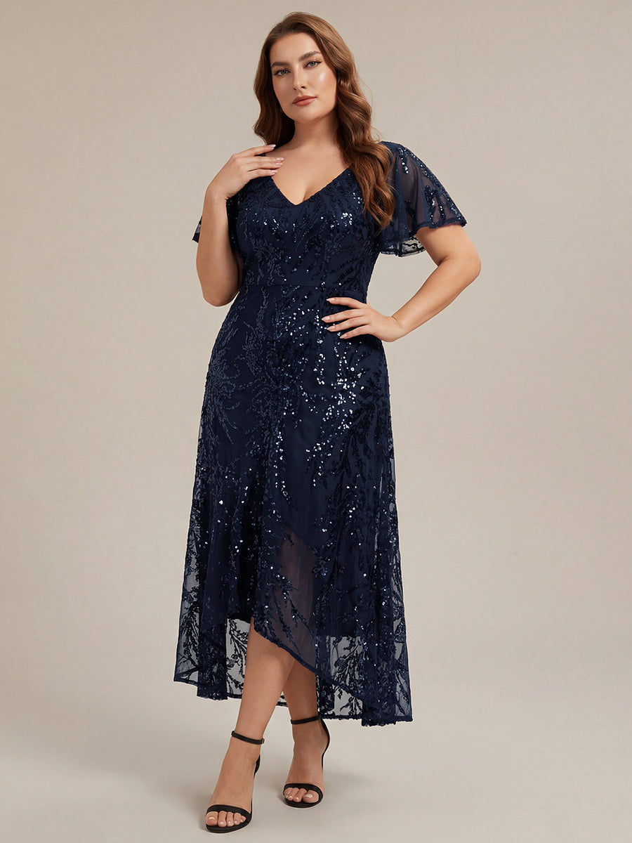 robe ¨¤ sequins ¨¤ encolure en V ¨¤ volants ¨¤ manches courtes avec un ourlet asym¨¦trique haute ¨¦lasticit¨¦ #Couleur_Bleu Marine