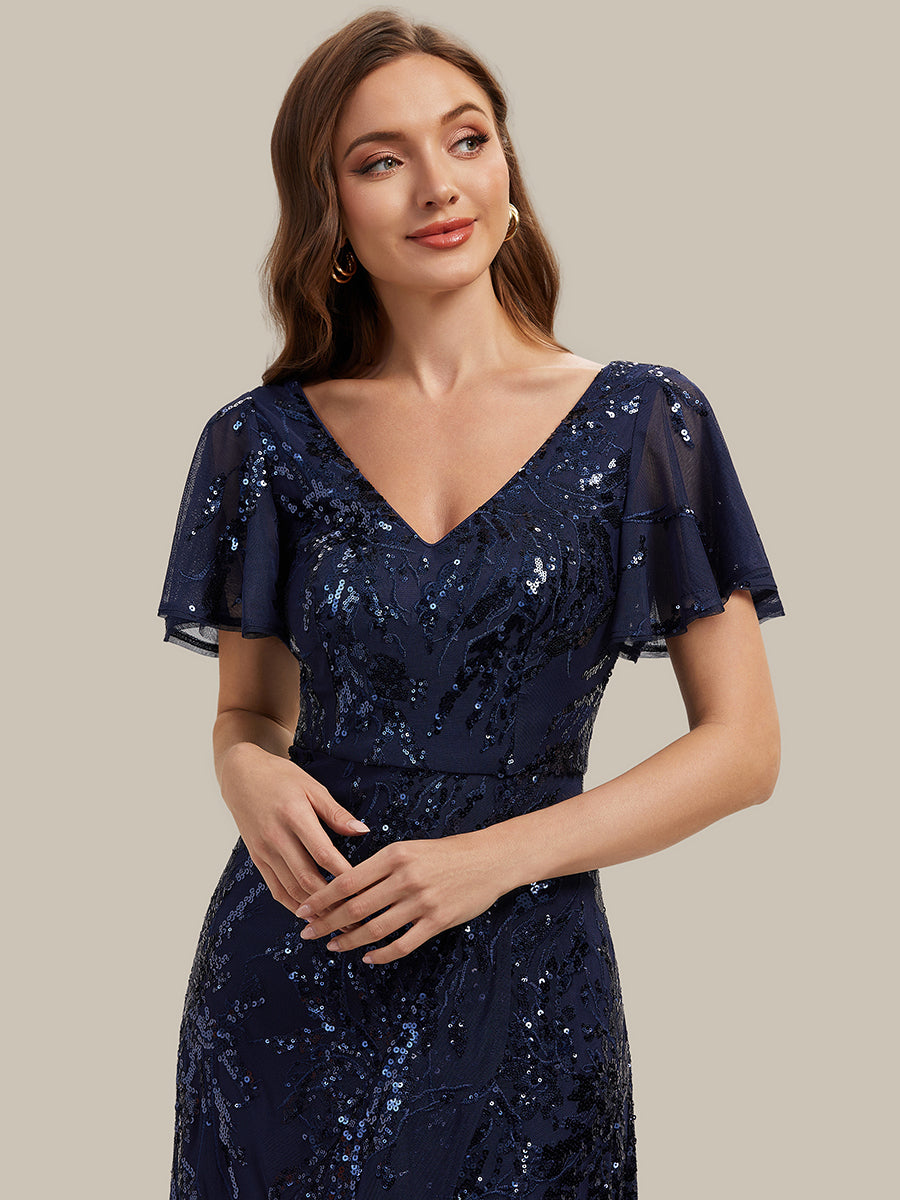 robe ¨¤ sequins ¨¤ encolure en V ¨¤ volants ¨¤ manches courtes avec un ourlet asym¨¦trique haute ¨¦lasticit¨¦ #Couleur_Bleu Marine