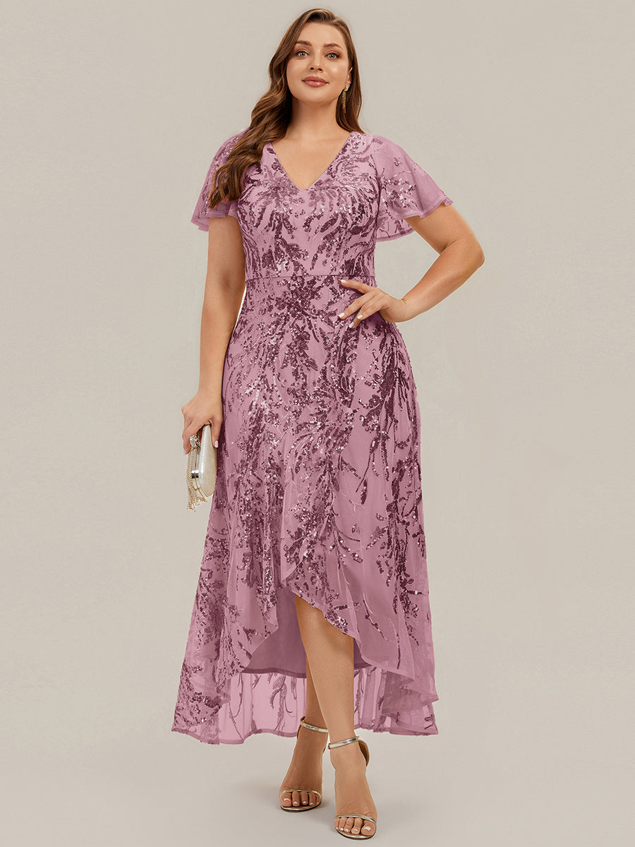 robe ¨¤ sequins ¨¤ encolure en V ¨¤ volants ¨¤ manches courtes avec un ourlet asym¨¦trique haute ¨¦lasticit¨¦ #Couleur_Orchidee