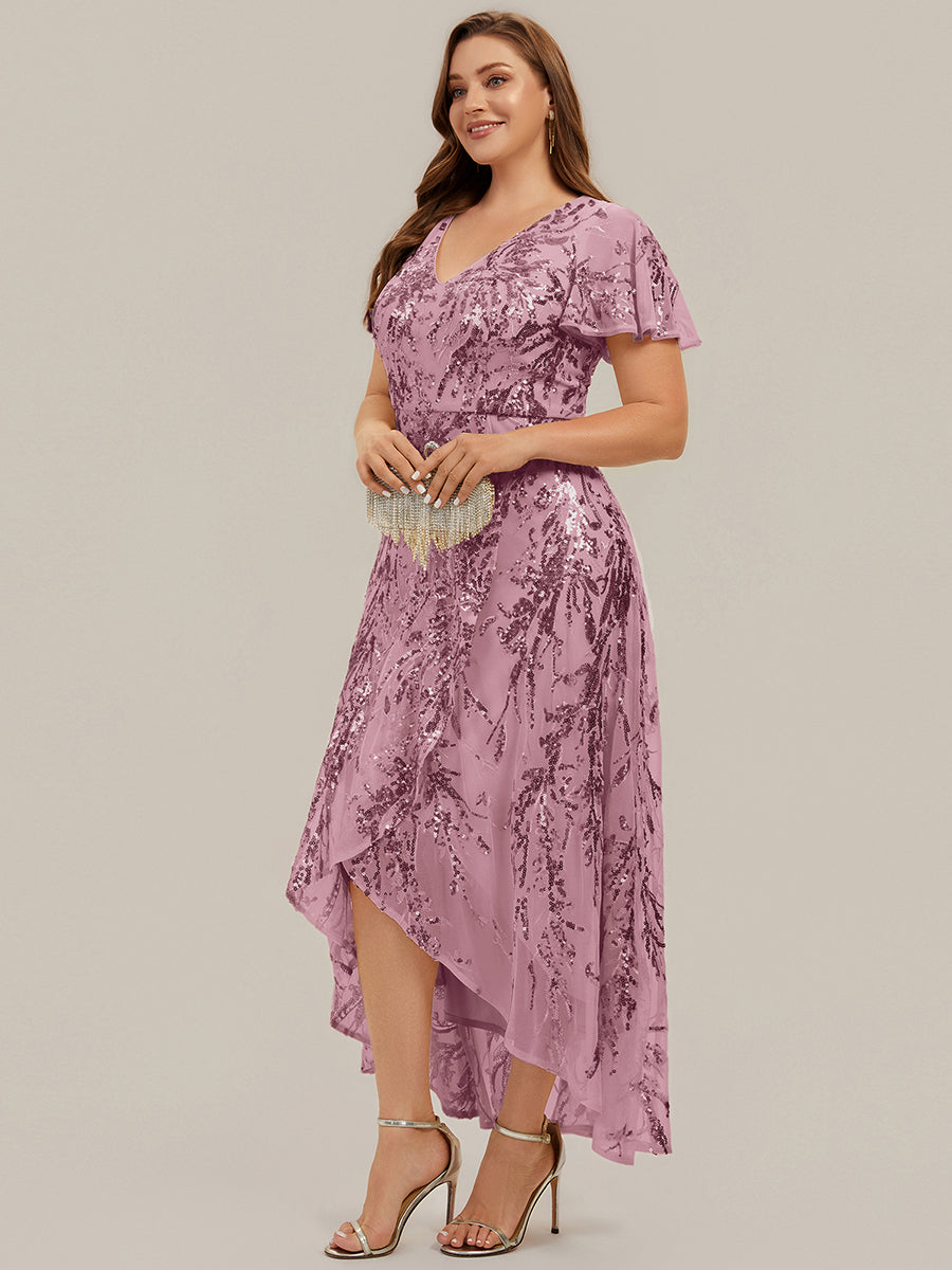 robe ¨¤ sequins ¨¤ encolure en V ¨¤ volants ¨¤ manches courtes avec un ourlet asym¨¦trique haute ¨¦lasticit¨¦ #Couleur_Orchidee