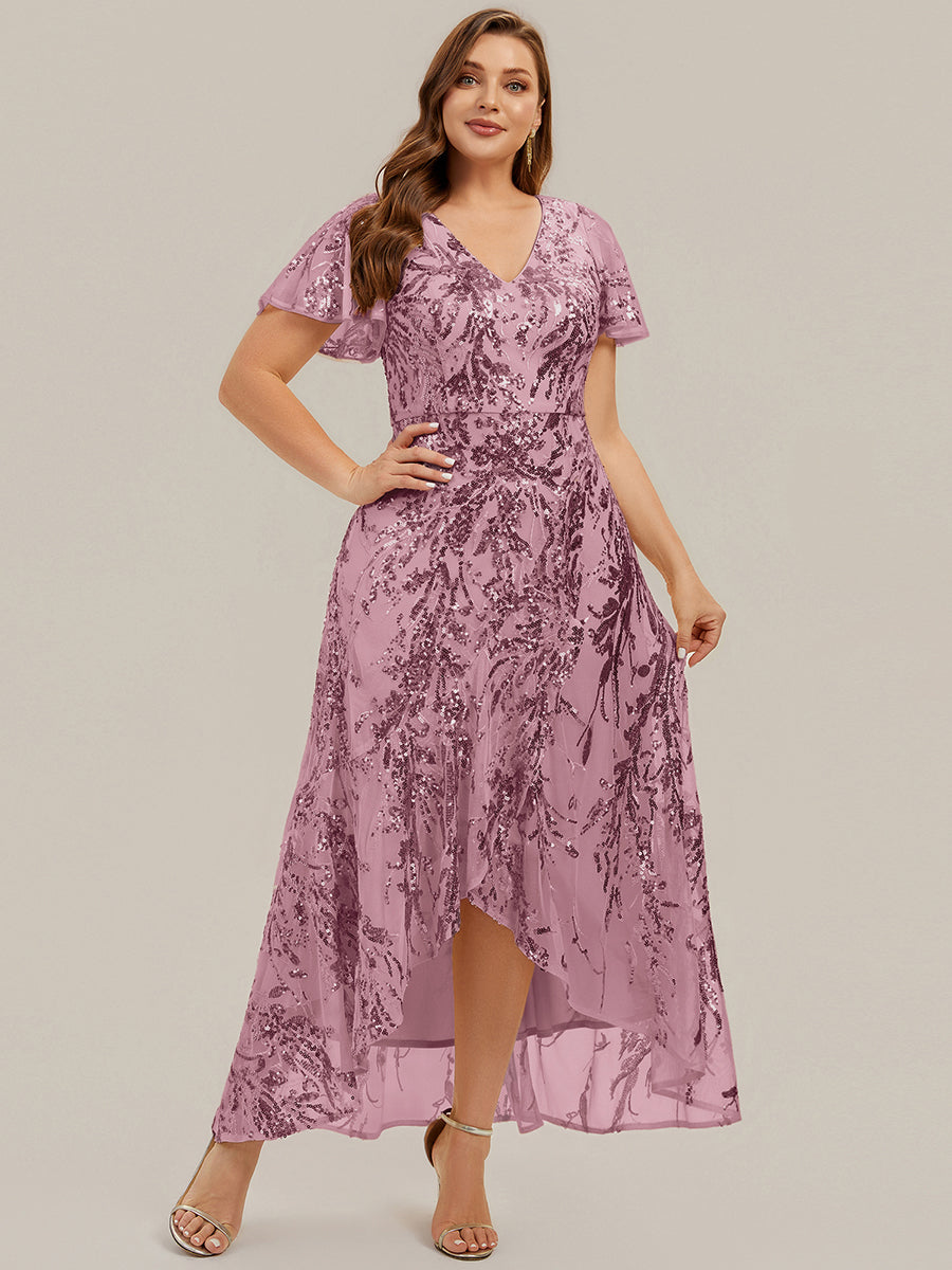 robe ¨¤ sequins ¨¤ encolure en V ¨¤ volants ¨¤ manches courtes avec un ourlet asym¨¦trique haute ¨¦lasticit¨¦ #Couleur_Orchidee
