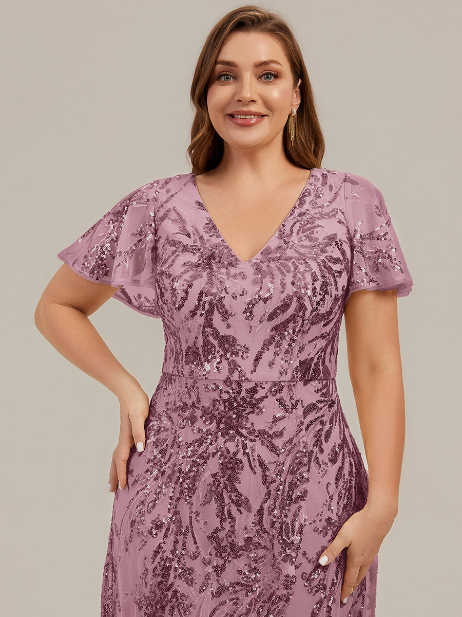 robe ¨¤ sequins ¨¤ encolure en V ¨¤ volants ¨¤ manches courtes avec un ourlet asym¨¦trique haute ¨¦lasticit¨¦ #Couleur_Orchidee