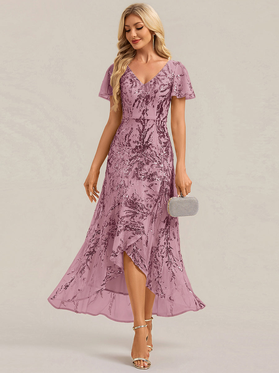 robe ¨¤ sequins ¨¤ encolure en V ¨¤ volants ¨¤ manches courtes avec un ourlet asym¨¦trique haute ¨¦lasticit¨¦ #Couleur_Orchidee