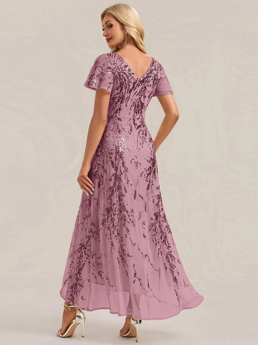 robe ¨¤ sequins ¨¤ encolure en V ¨¤ volants ¨¤ manches courtes avec un ourlet asym¨¦trique haute ¨¦lasticit¨¦ #Couleur_Orchidee