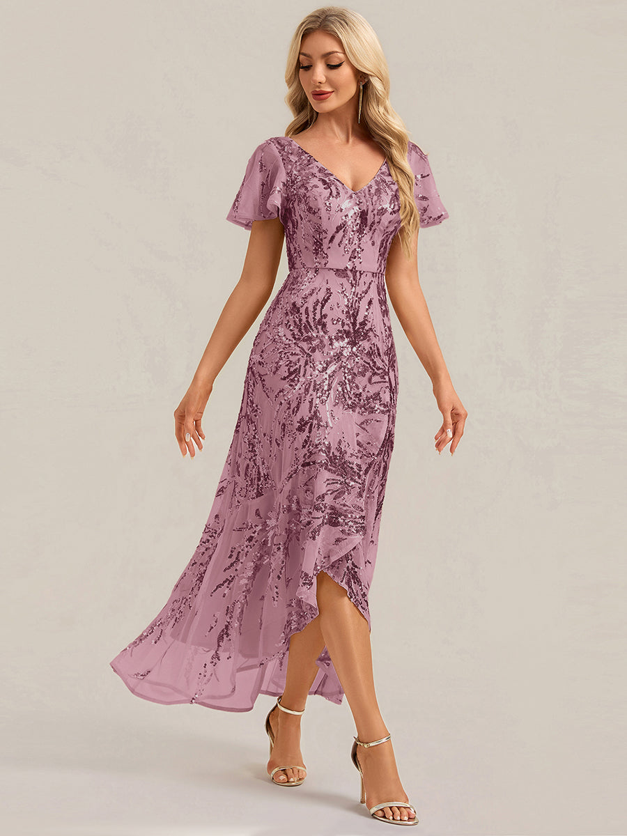 robe ¨¤ sequins ¨¤ encolure en V ¨¤ volants ¨¤ manches courtes avec un ourlet asym¨¦trique haute ¨¦lasticit¨¦ #Couleur_Orchidee