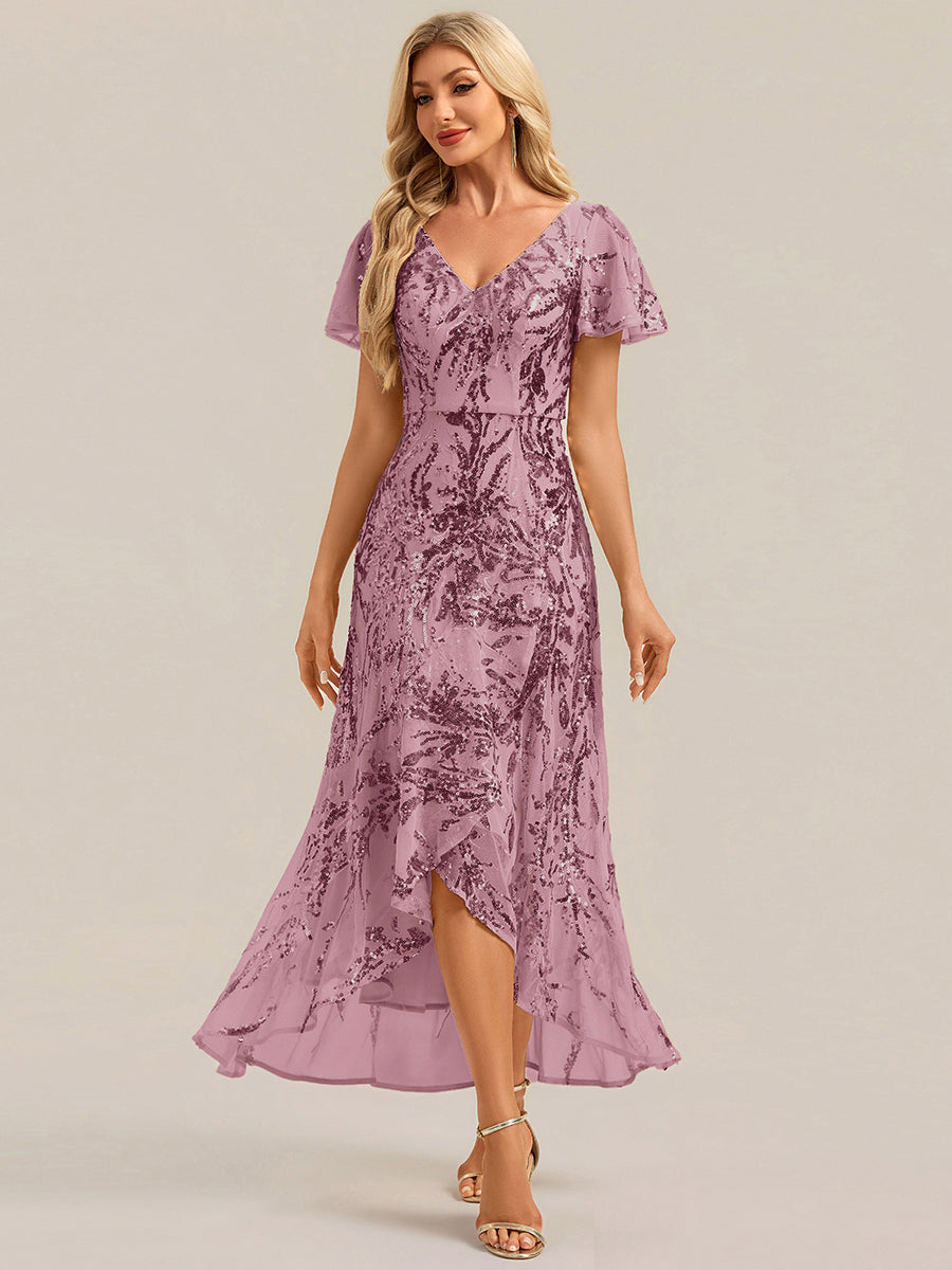 robe ¨¤ sequins ¨¤ encolure en V ¨¤ volants ¨¤ manches courtes avec un ourlet asym¨¦trique haute ¨¦lasticit¨¦ #Couleur_Orchidee
