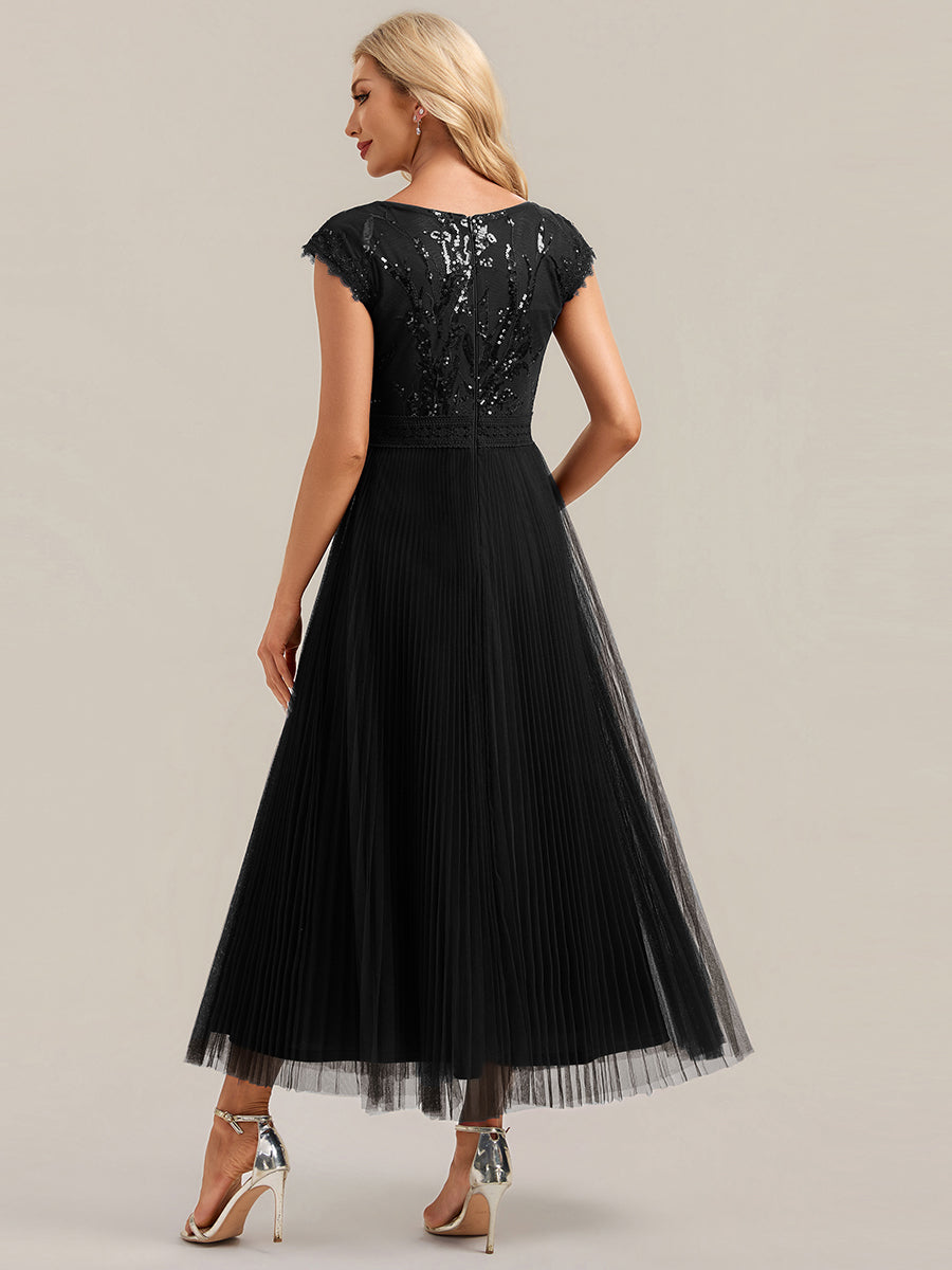robe midi sans manches à sequins col rond en A #Couleur_Noir