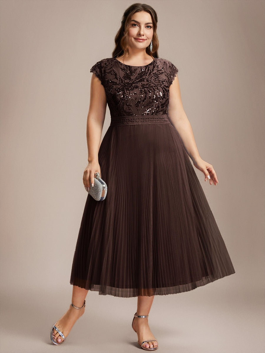 robe midi sans manches à sequins col rond en A #Couleur_Marron chocolat