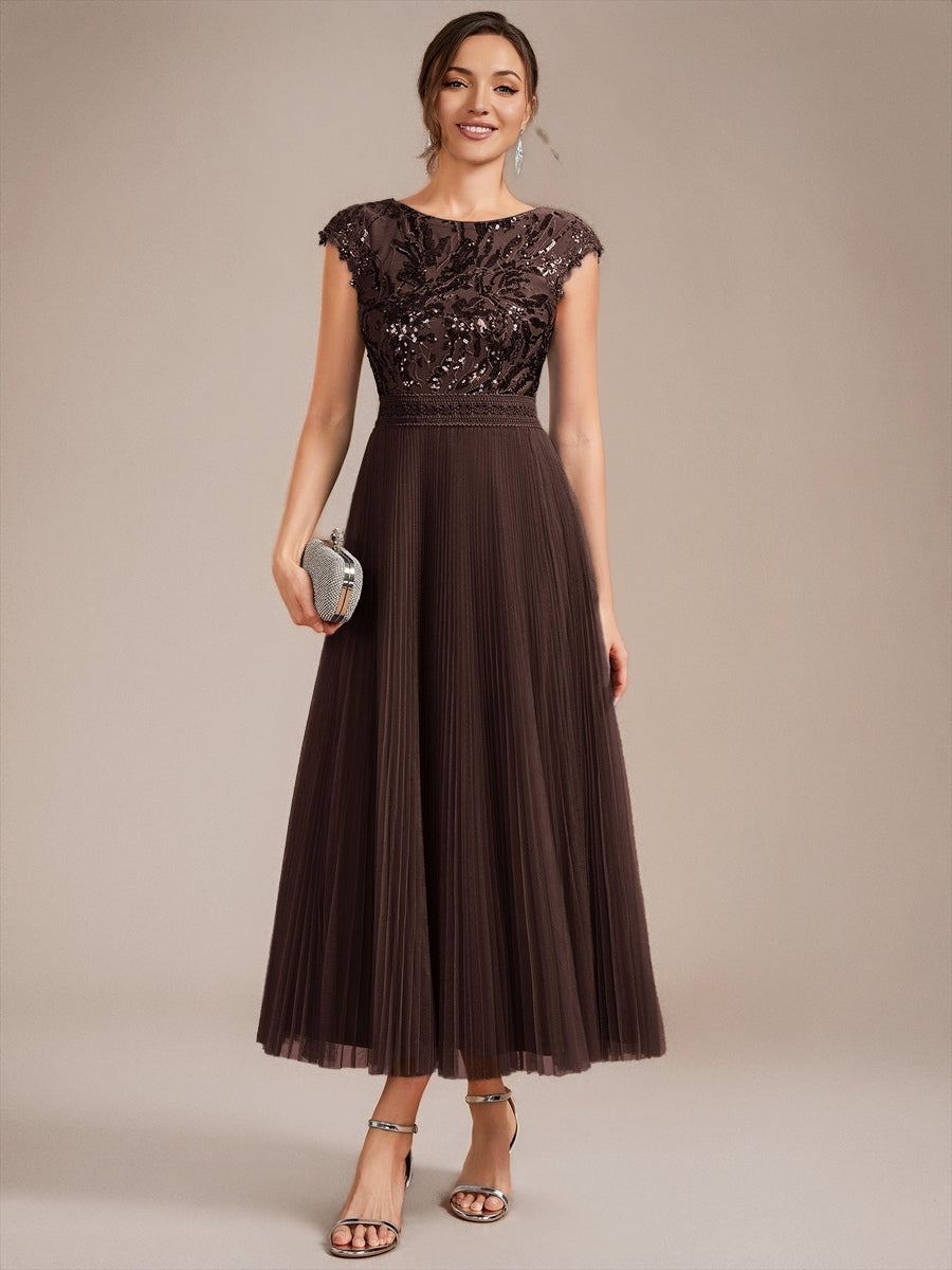 robe midi sans manches à sequins col rond en A #Couleur_Marron chocolat