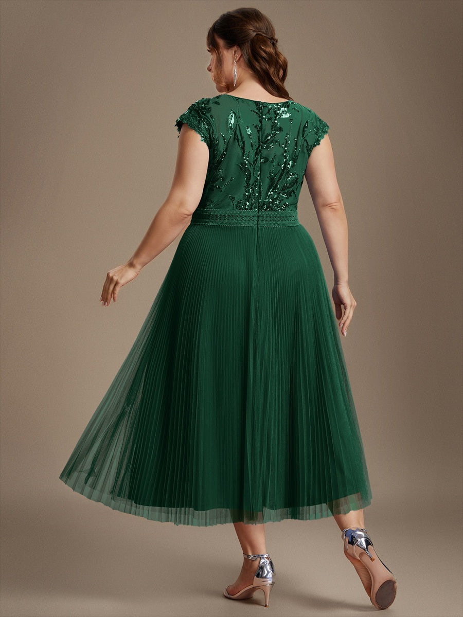 robe midi sans manches à sequins col rond en A #Couleur_Vert Fonce