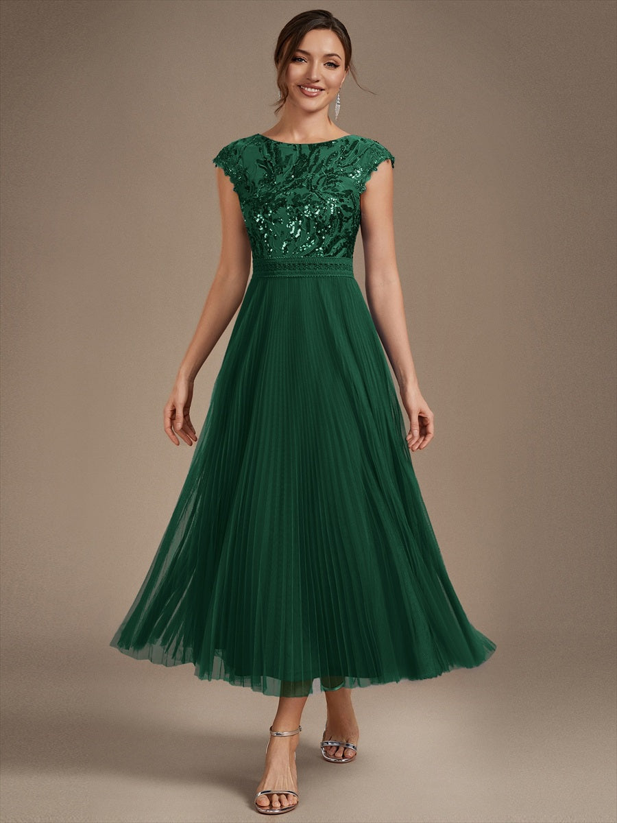 robe midi sans manches à sequins col rond en A #Couleur_Vert Fonce
