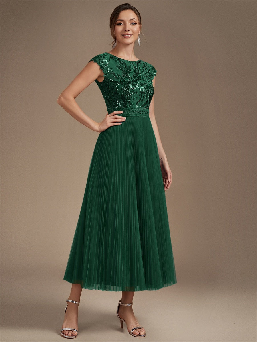 robe midi sans manches à sequins col rond en A #Couleur_Vert Fonce