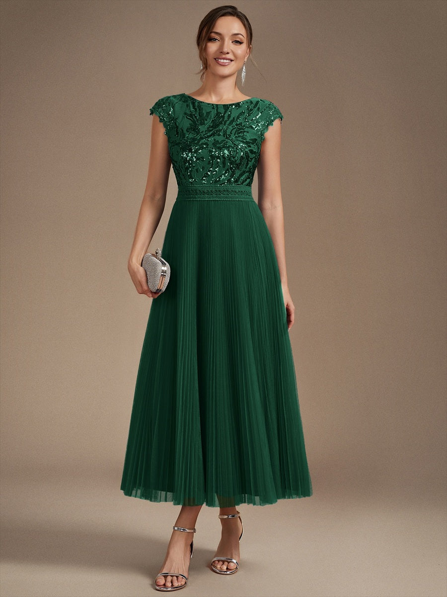 robe midi sans manches à sequins col rond en A #Couleur_Vert Fonce