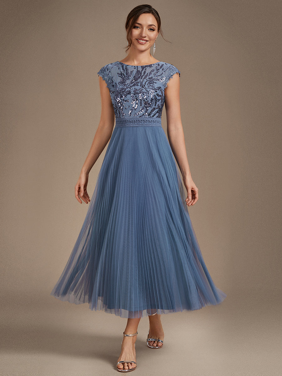 robe midi sans manches à sequins col rond en A #Couleur_Marine Fume
