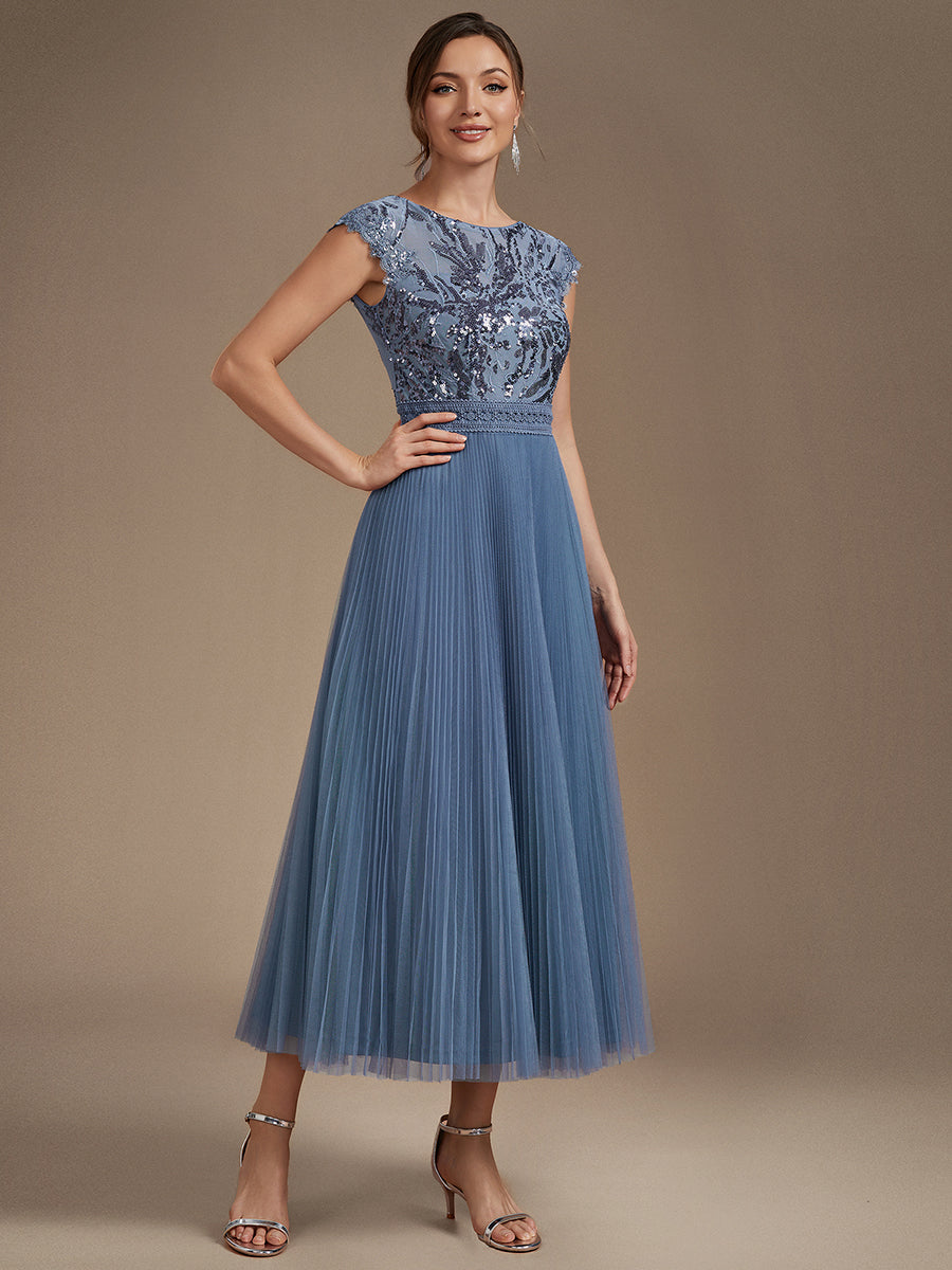 robe midi sans manches à sequins col rond en A #Couleur_Marine Fume