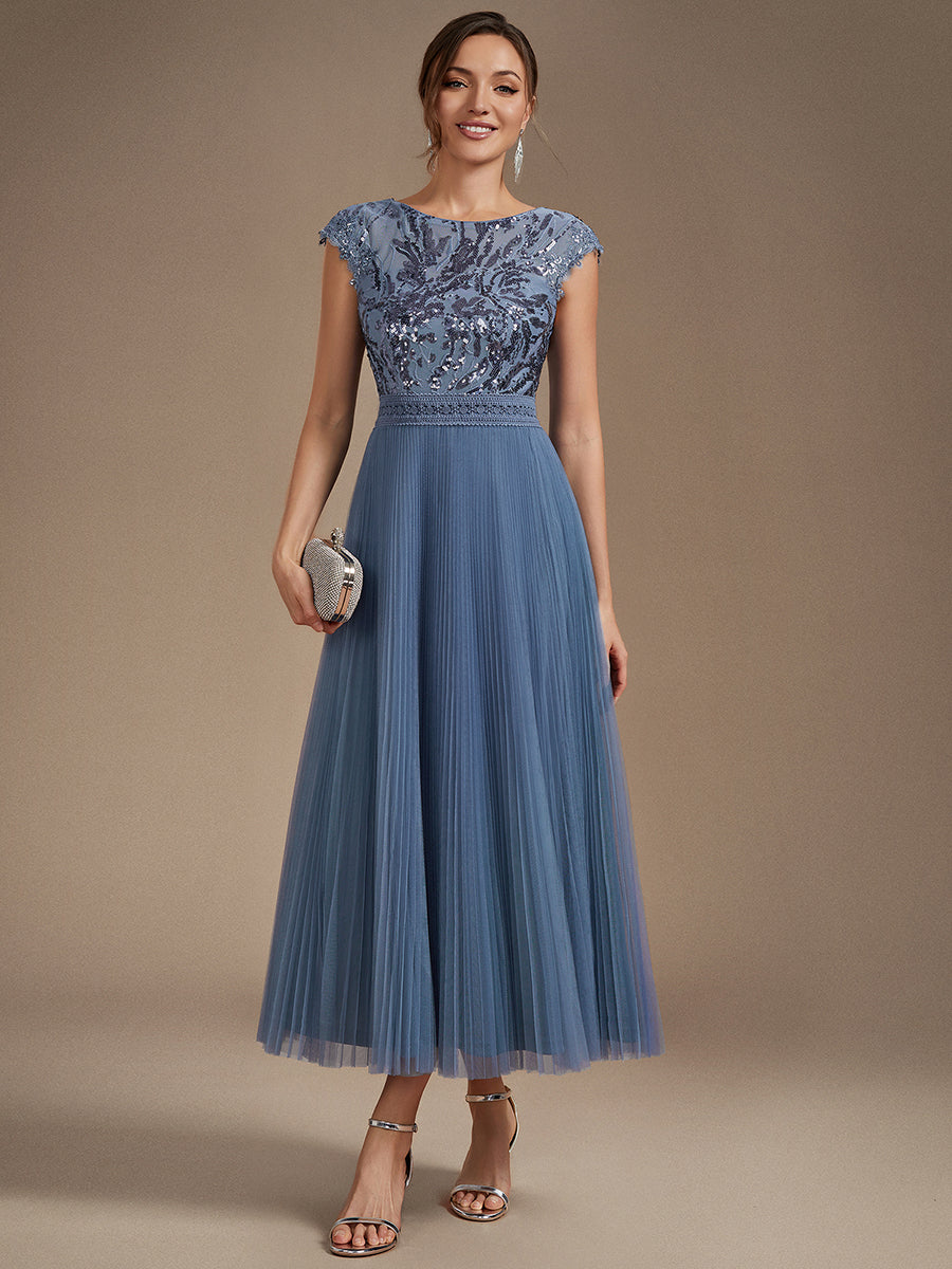robe midi sans manches à sequins col rond en A #Couleur_Marine Fume