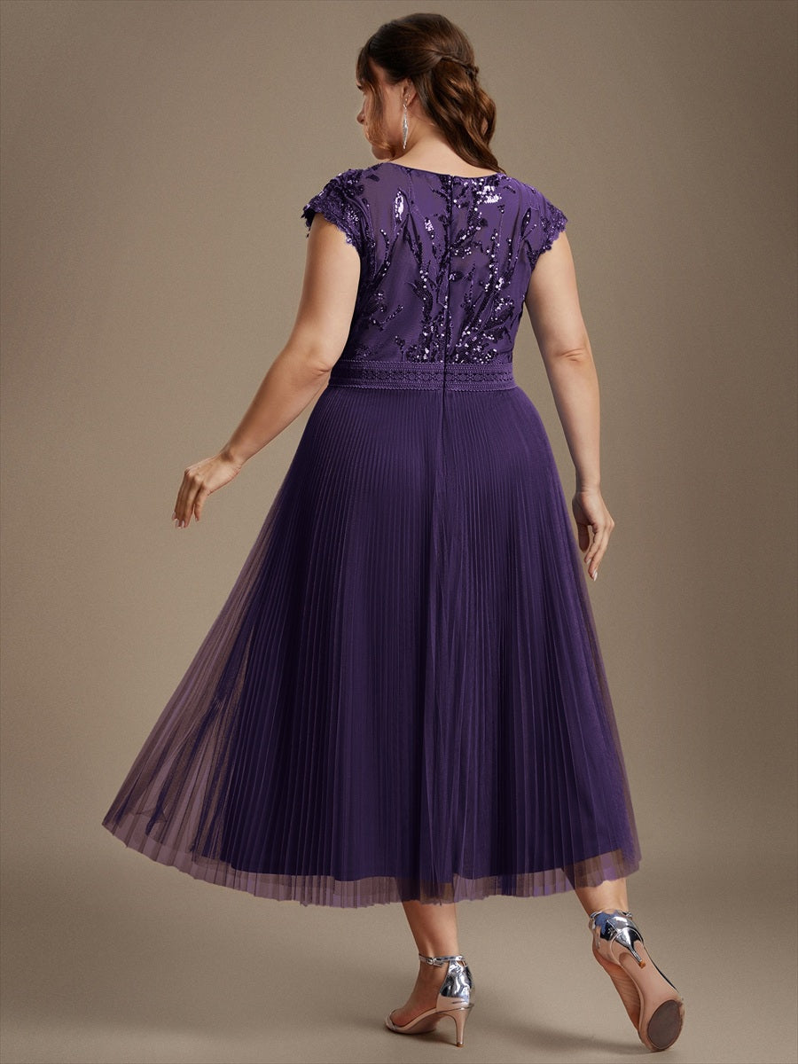 robe midi sans manches à sequins col rond en A #Couleur_Violet Fonce