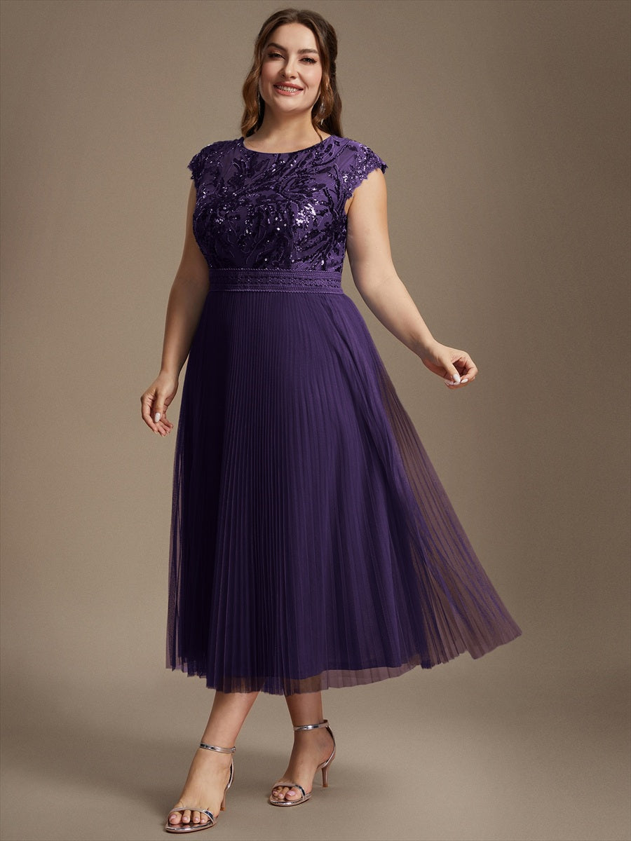 robe midi sans manches à sequins col rond en A #Couleur_Violet Fonce