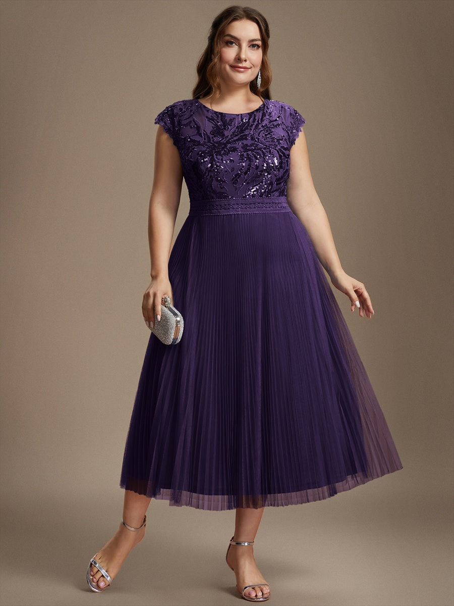 robe midi sans manches à sequins col rond en A #Couleur_Violet Fonce