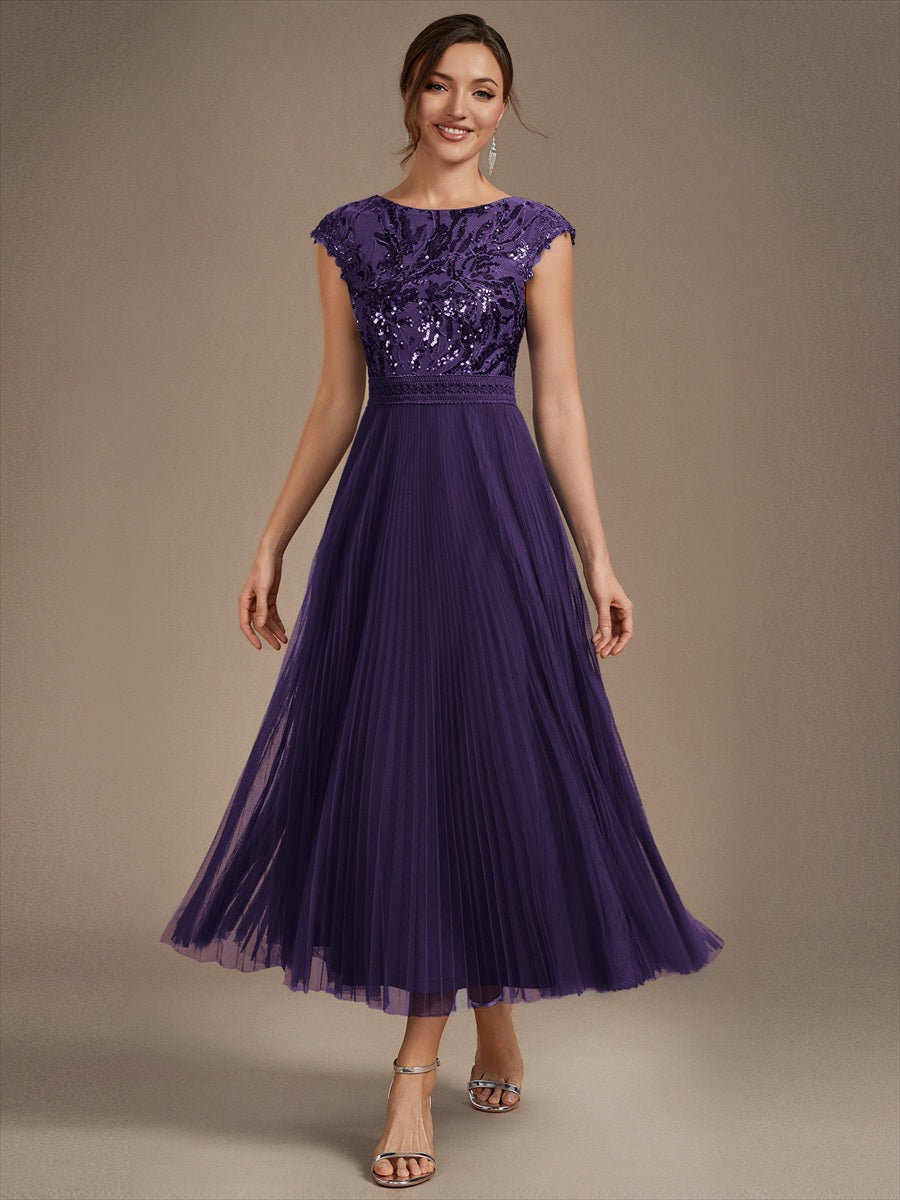robe midi sans manches à sequins col rond en A #Couleur_Violet Fonce