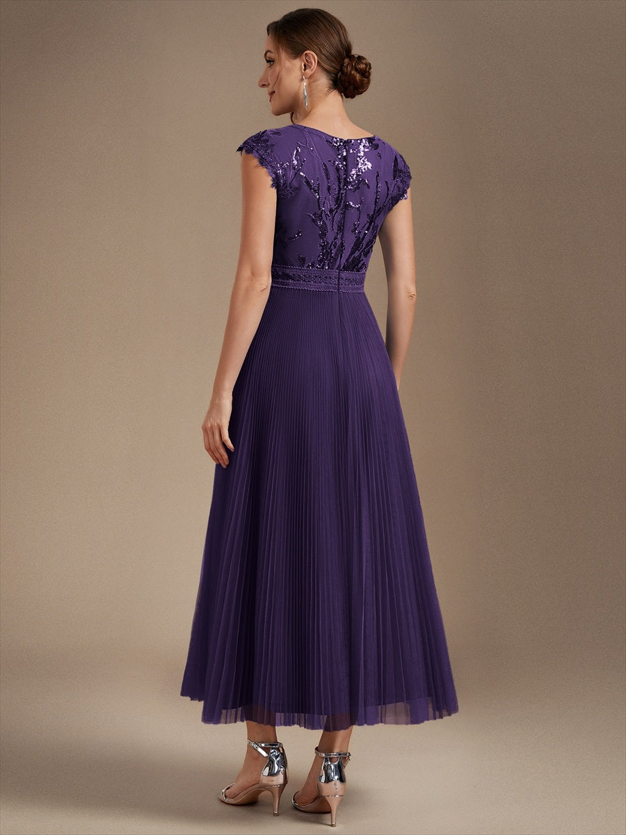 robe midi sans manches à sequins col rond en A #Couleur_Violet Fonce