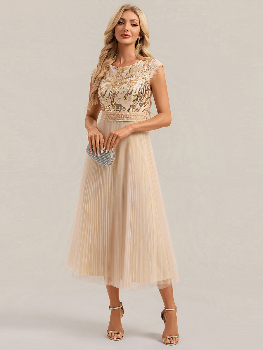 robe midi sans manches à sequins col rond en A #Couleur_Dorée