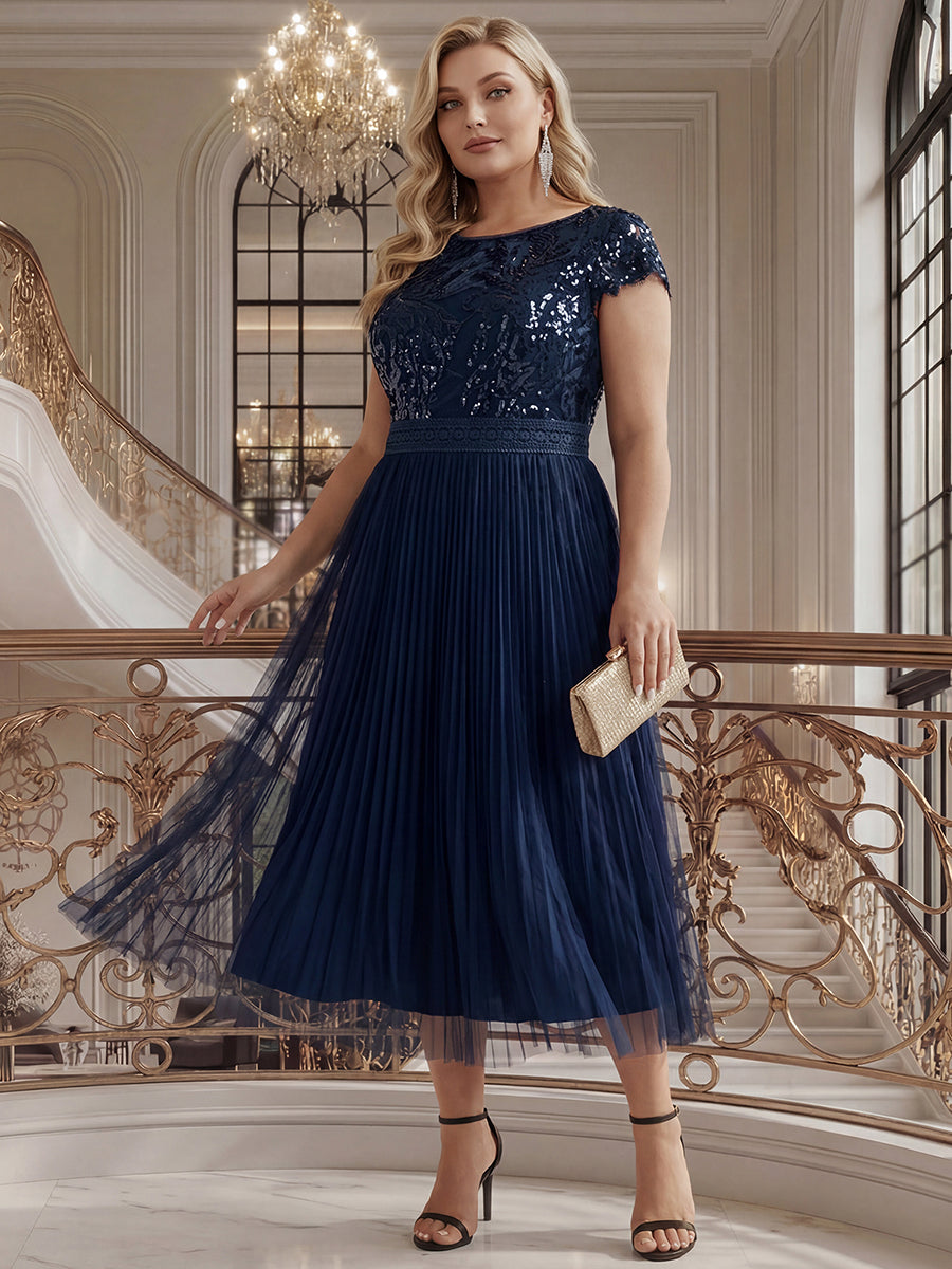 robe midi sans manches à sequins col rond en A #Couleur_Bleu Marine