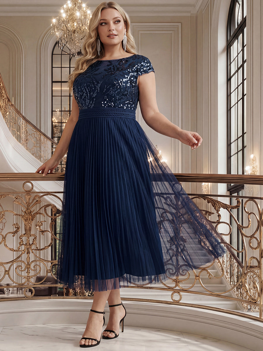 robe midi sans manches à sequins col rond en A #Couleur_Bleu Marine