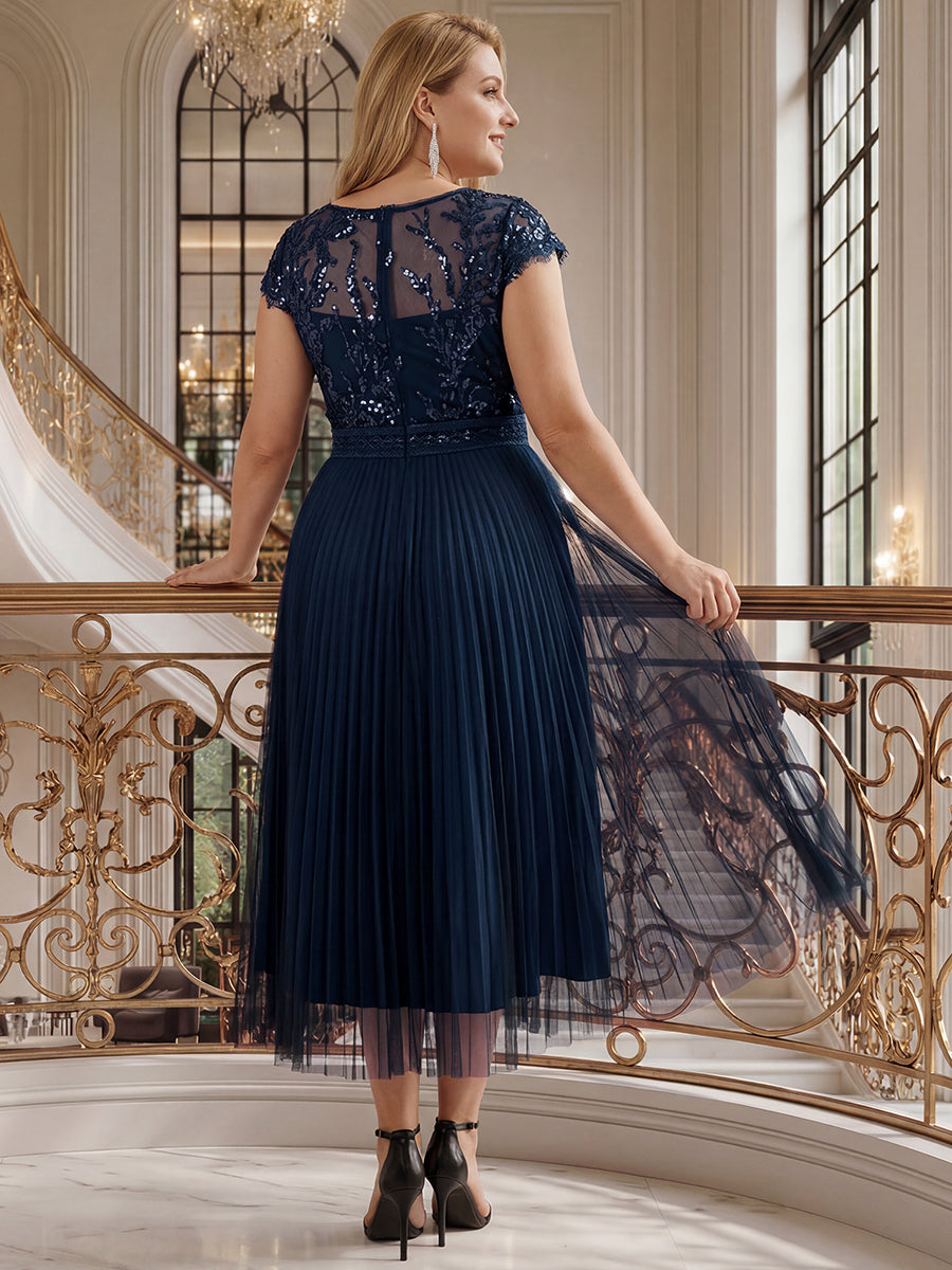 robe midi sans manches à sequins col rond en A #Couleur_Bleu Marine
