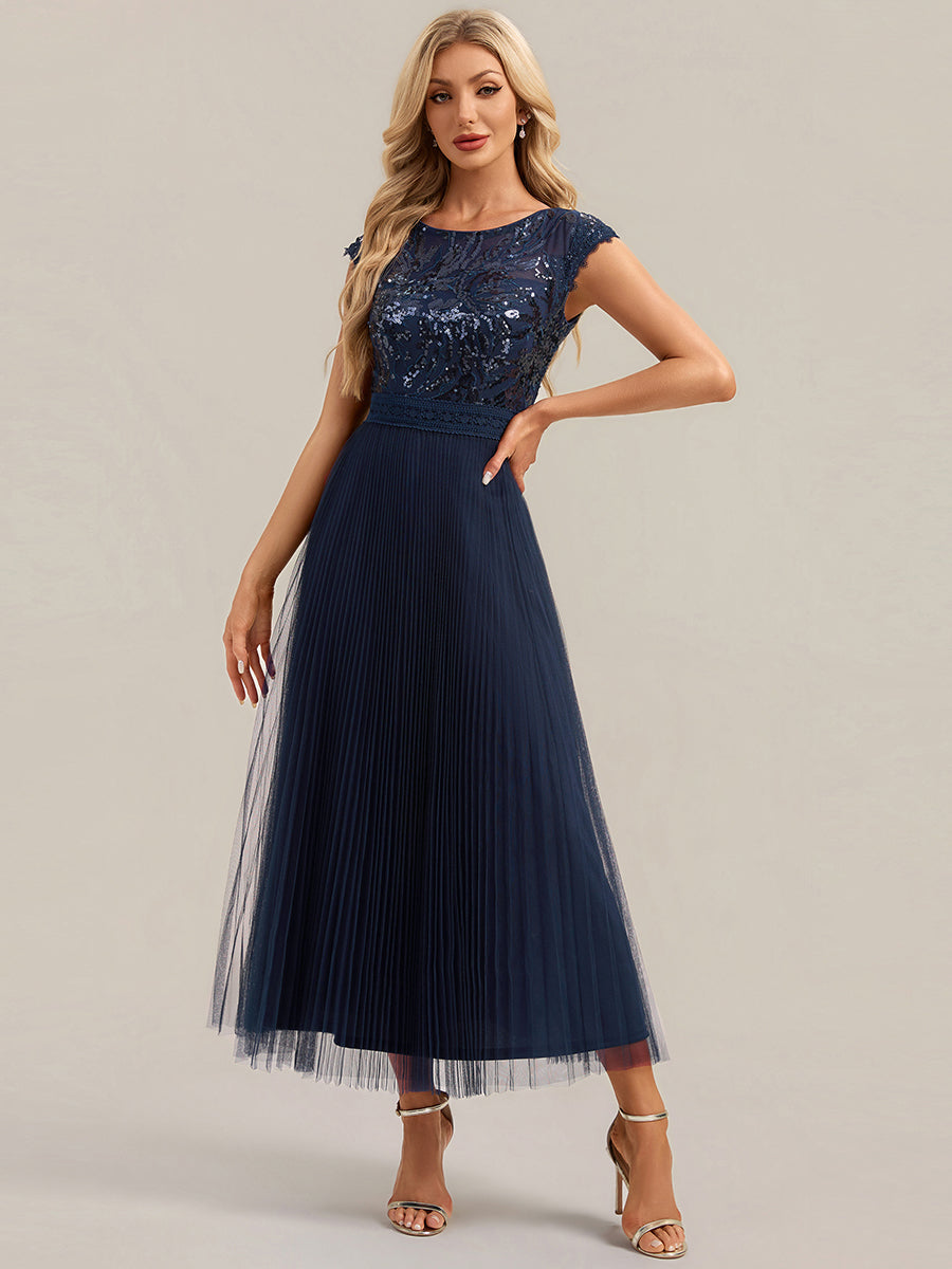 robe midi sans manches à sequins col rond en A #Couleur_Bleu Marine