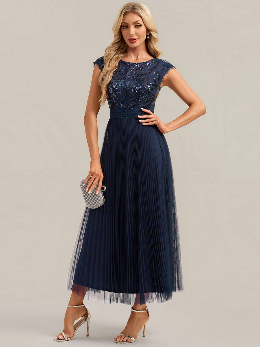 robe midi sans manches à sequins col rond en A #Couleur_Bleu Marine