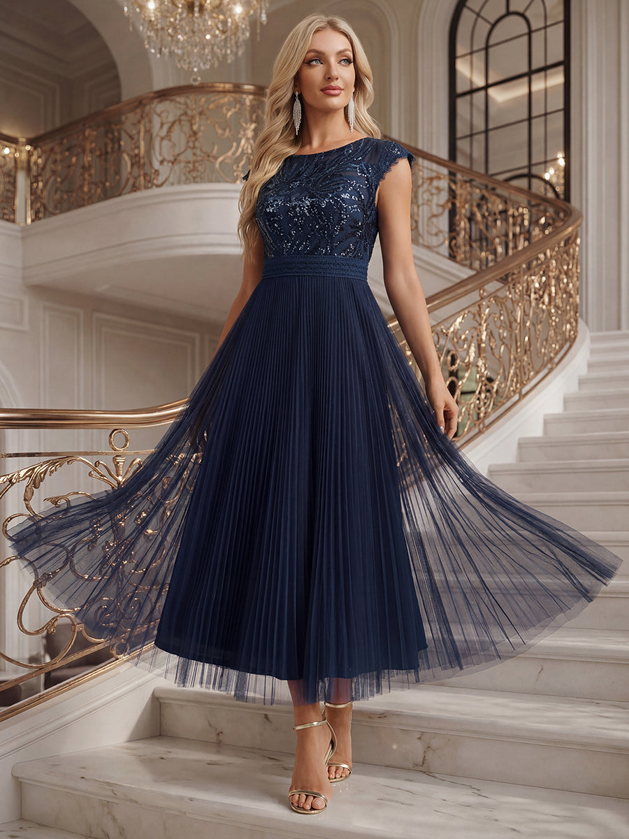 robe midi sans manches à sequins col rond en A #Couleur_Bleu Marine