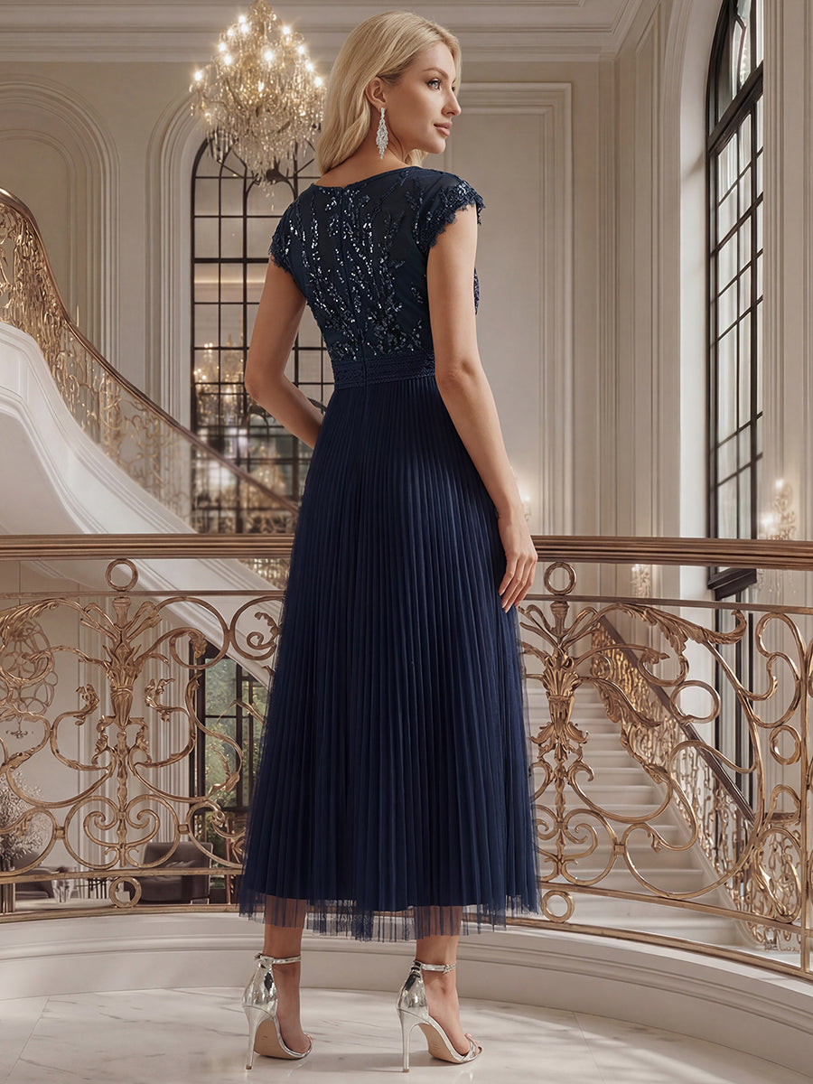 robe midi sans manches à sequins col rond en A #Couleur_Bleu Marine