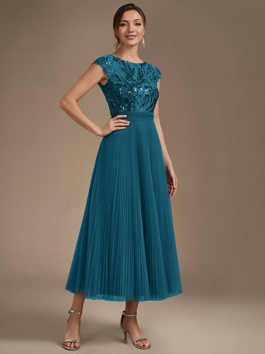 robe midi sans manches à sequins col rond en A #Couleur_Bleu Sarcelle