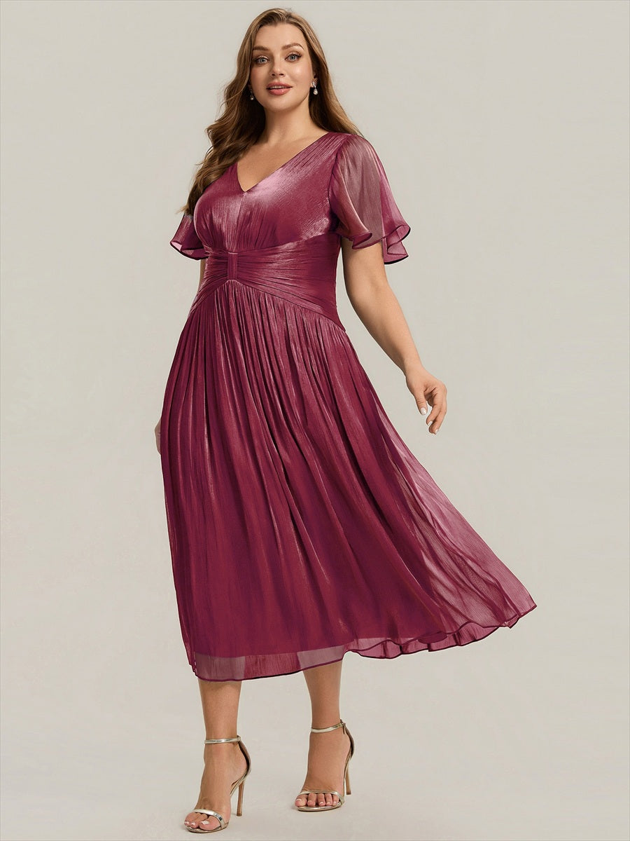 robe midi à manches courtes avec volants en V et détails froncés #Couleur_Bordeaux