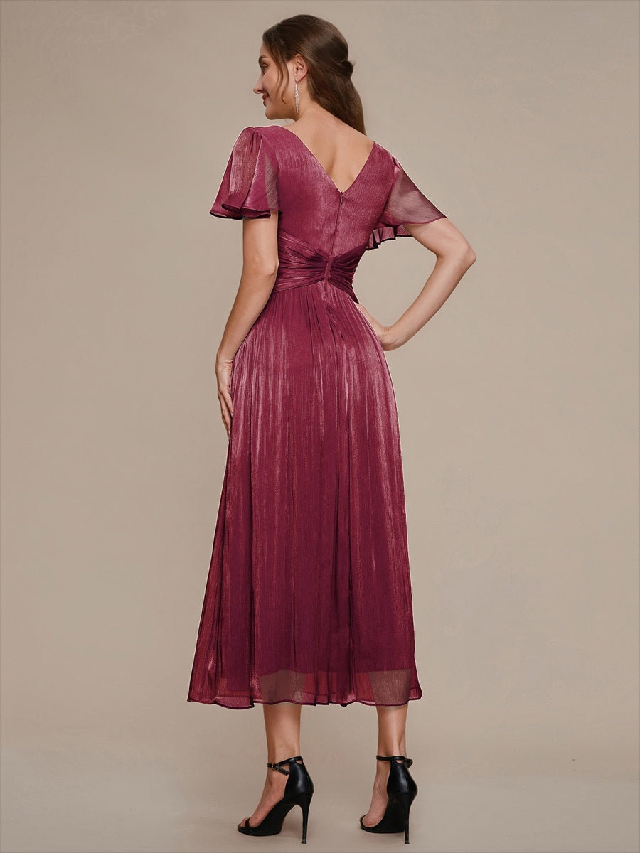 robe midi à manches courtes avec volants en V et détails froncés #Couleur_Bordeaux