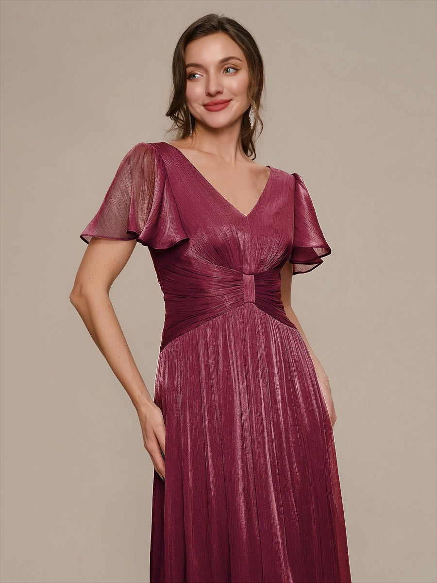 robe midi à manches courtes avec volants en V et détails froncés #Couleur_Bordeaux
