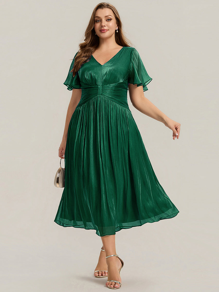 robe midi à manches courtes avec volants en V et détails froncés #Couleur_Vert Fonce