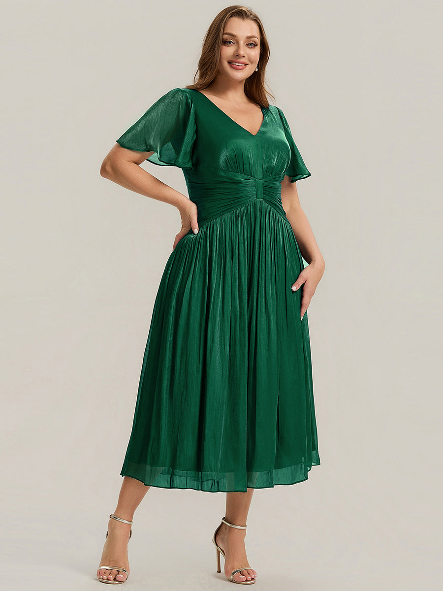 robe midi à manches courtes avec volants en V et détails froncés #Couleur_Vert Fonce