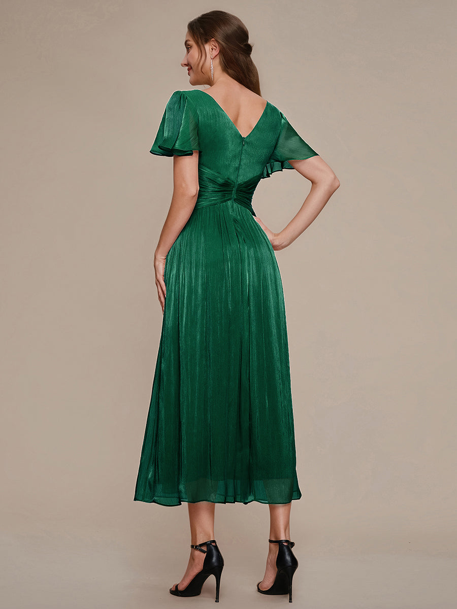 robe midi à manches courtes avec volants en V et détails froncés #Couleur_Vert Fonce