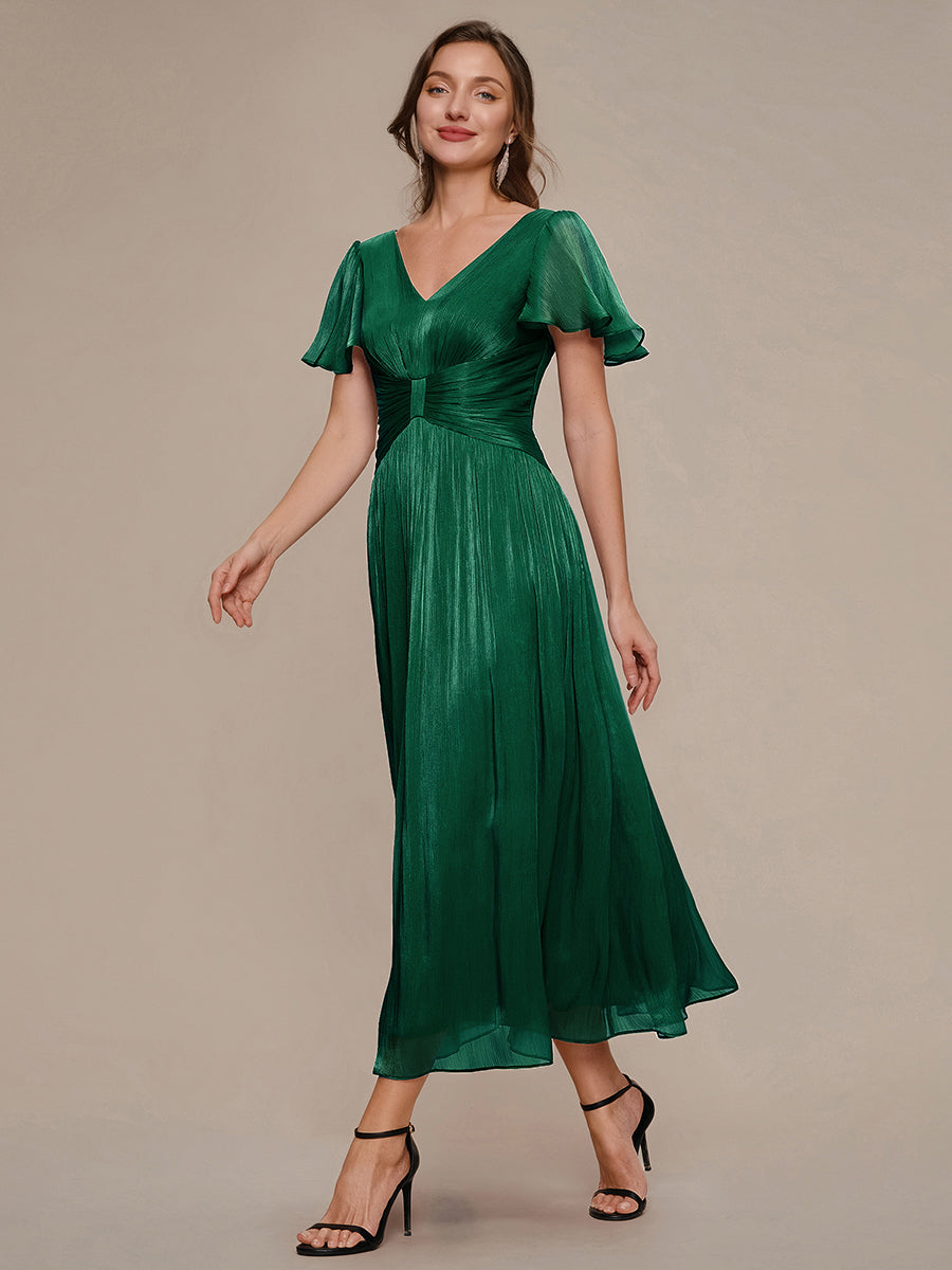 robe midi à manches courtes avec volants en V et détails froncés #Couleur_Vert Fonce