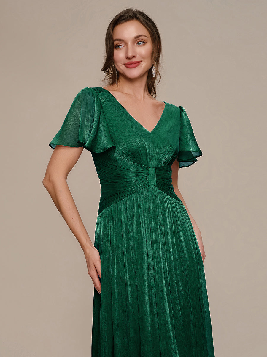 robe midi à manches courtes avec volants en V et détails froncés #Couleur_Vert Fonce