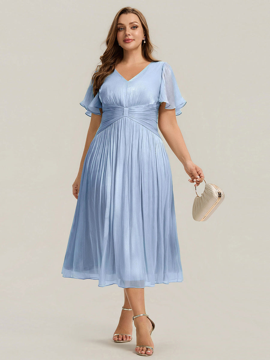 robe midi à manches courtes avec volants en V et détails froncés #Couleur_Marine Fume clair