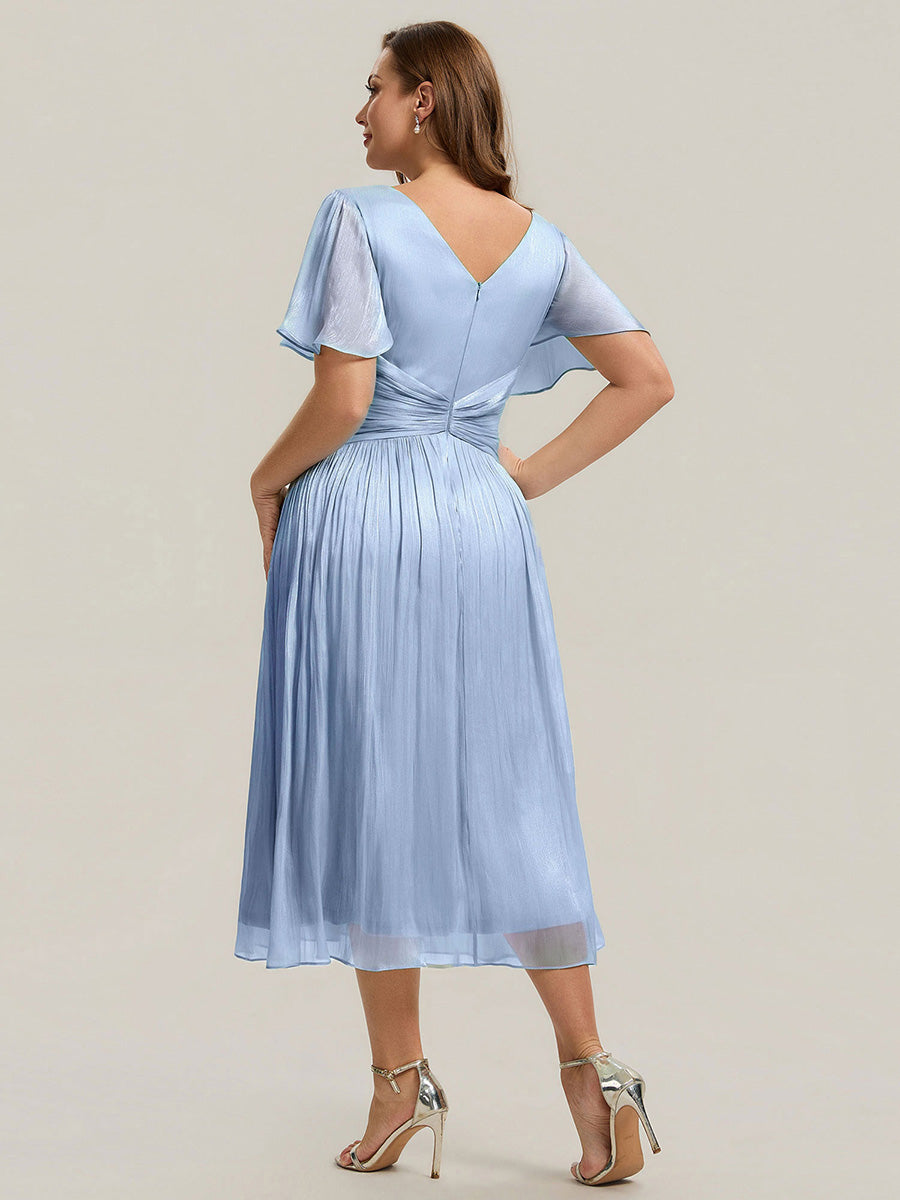 robe midi à manches courtes avec volants en V et détails froncés #Couleur_Marine Fume clair