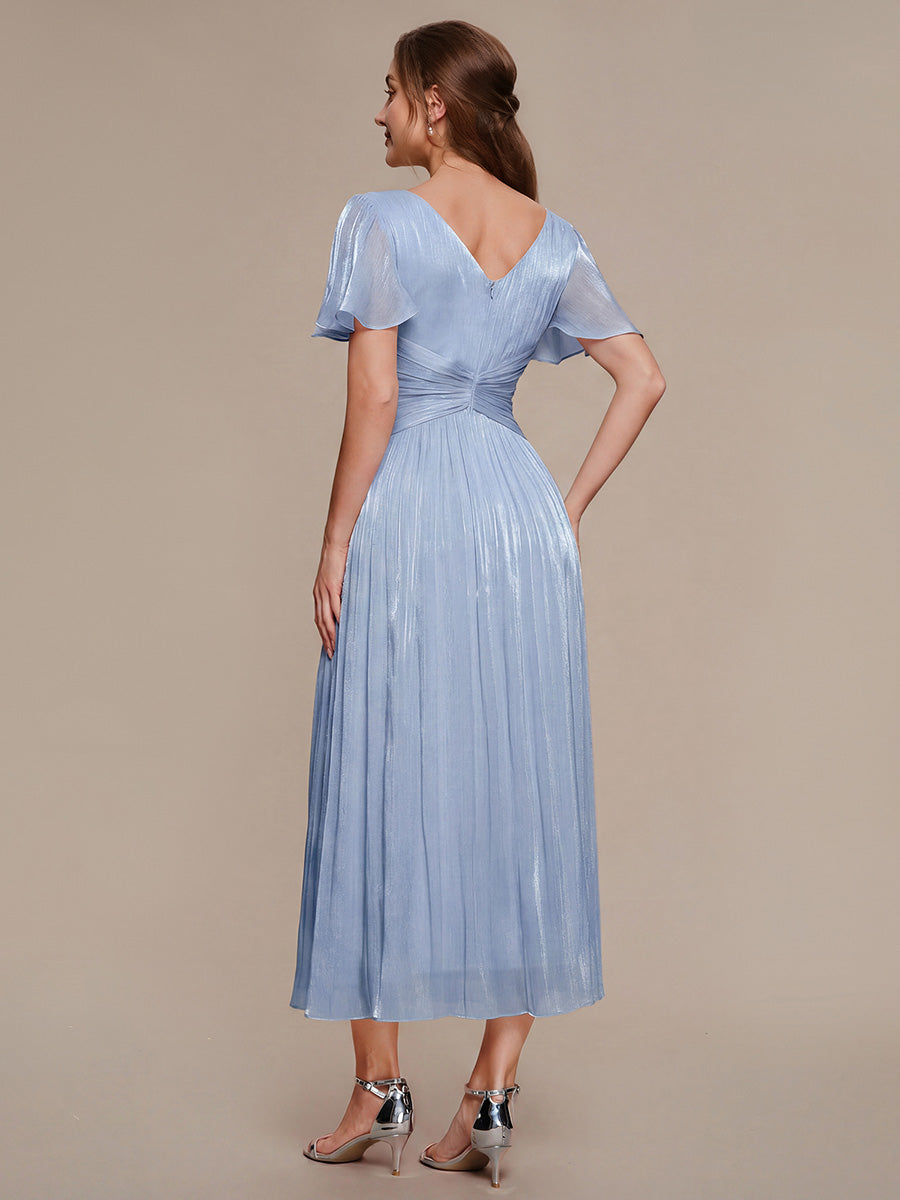robe midi à manches courtes avec volants en V et détails froncés #Couleur_Marine Fume clair