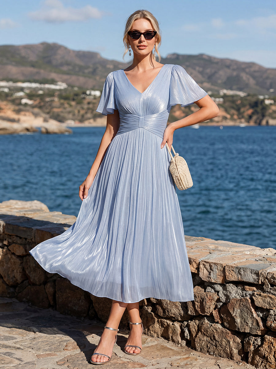 Robe midi à manches courtes avec volants en V et détails froncés