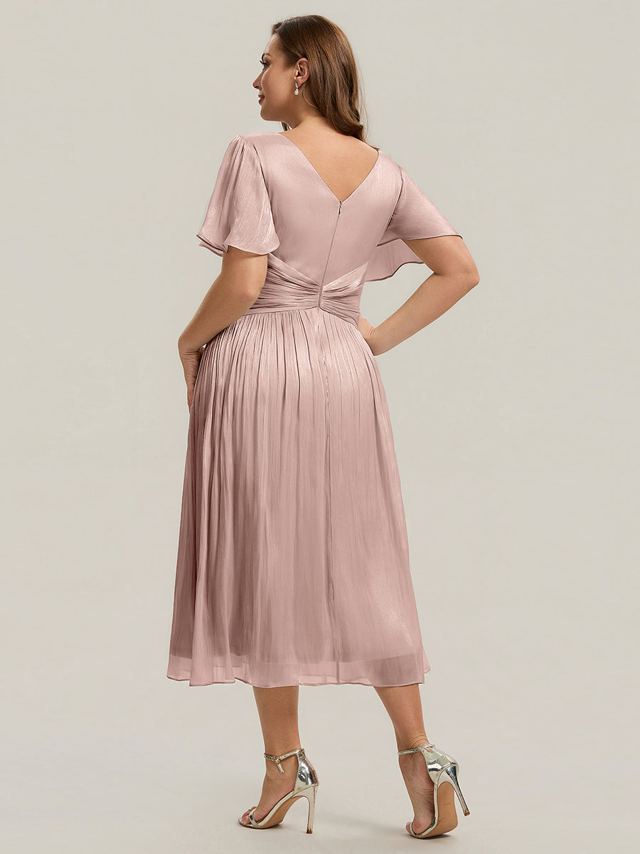 robe midi à manches courtes avec volants en V et détails froncés #Couleur_Rose fumee